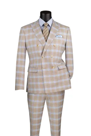 Slim Fit 2 Piece Double Breasted Windowpane Suit Tan SDW-2
