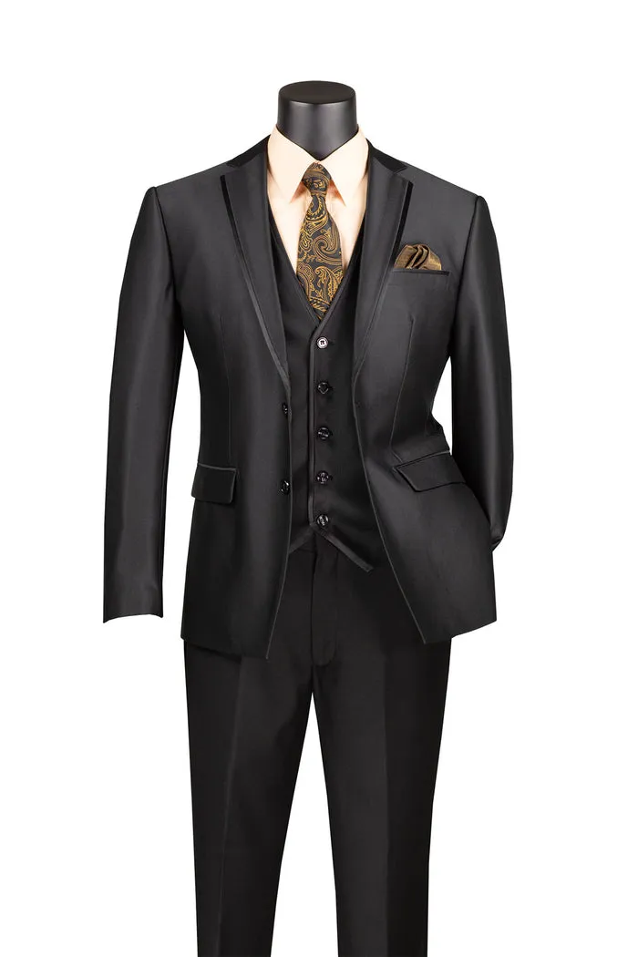 Slim Fit 3 Piece Satin Suit Black SV2D-1