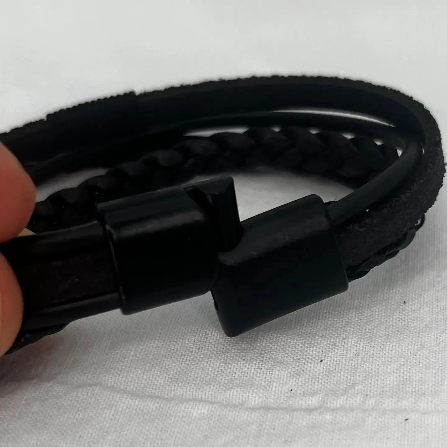 Small Black Stones and Braided Black Leather Bracelet 