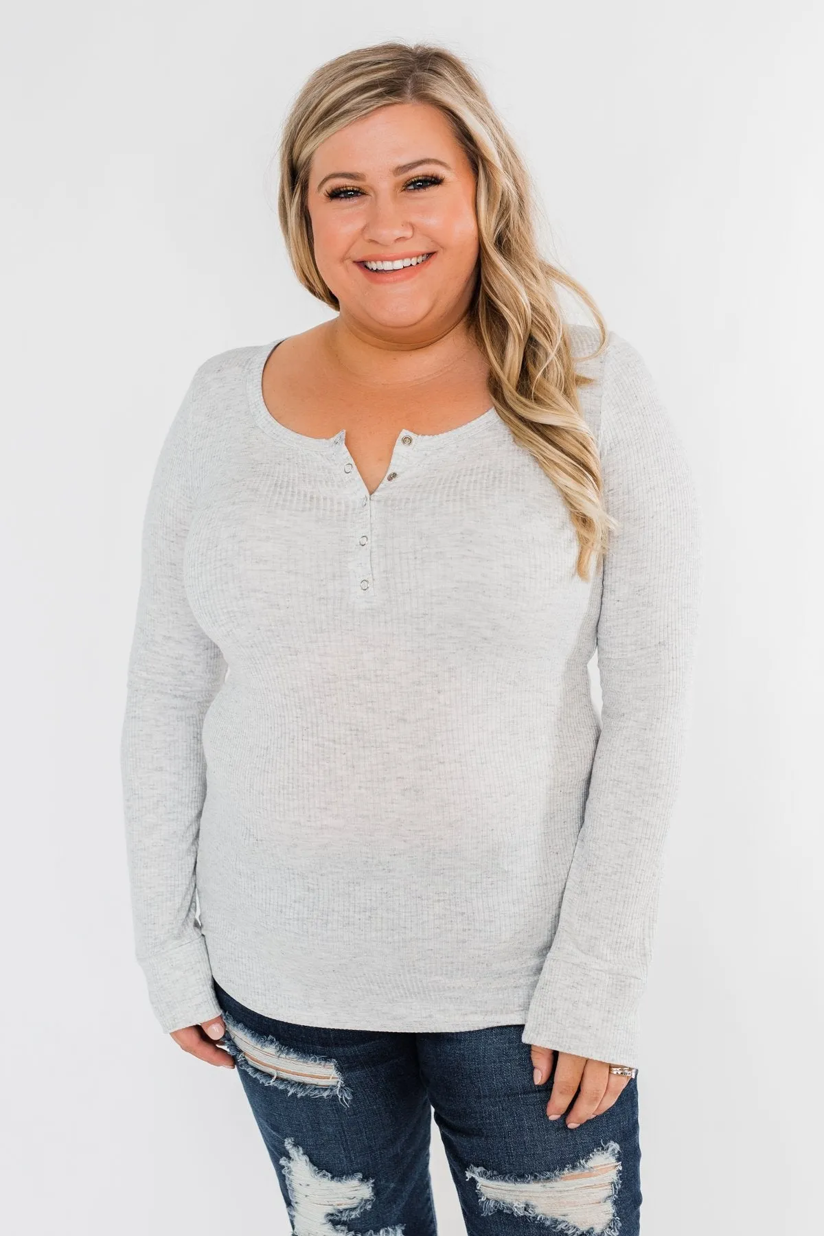 Snap Button Henley Top- Heather Grey