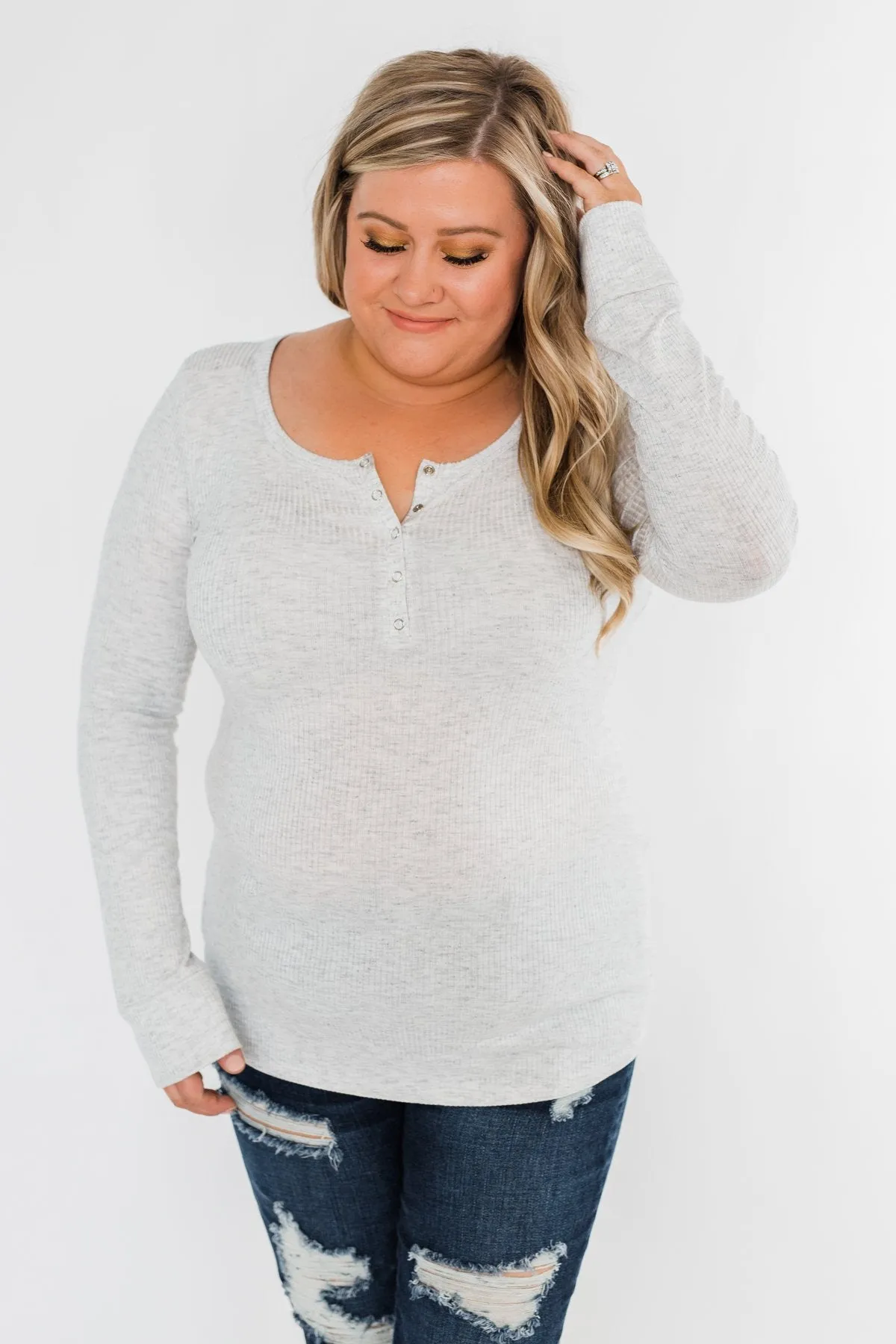 Snap Button Henley Top- Heather Grey