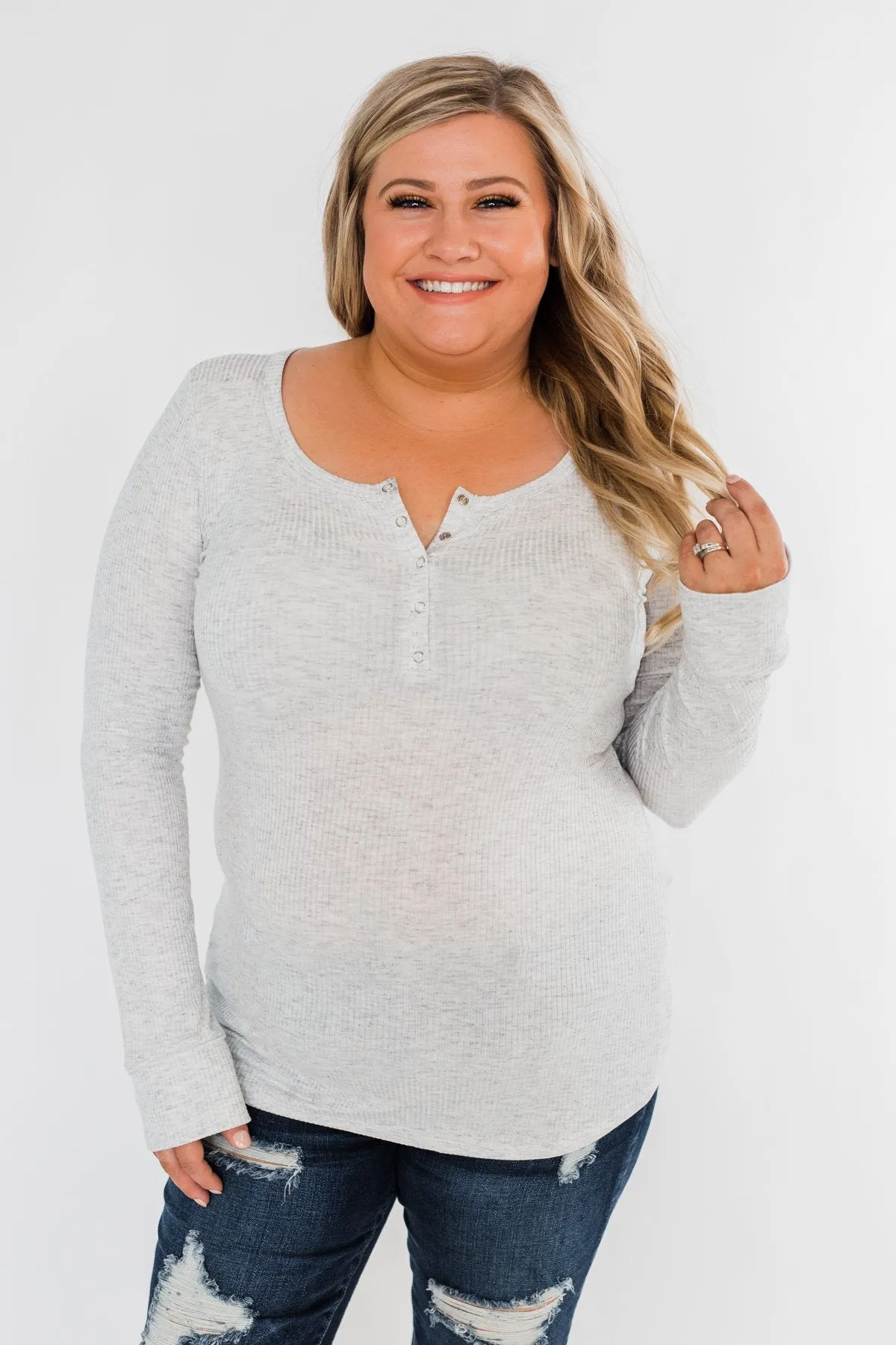 Snap Button Henley Top- Heather Grey
