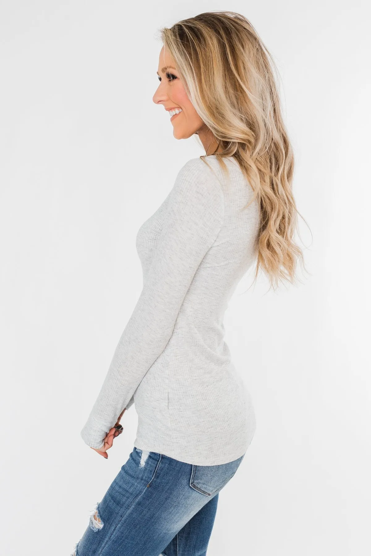 Snap Button Henley Top- Heather Grey