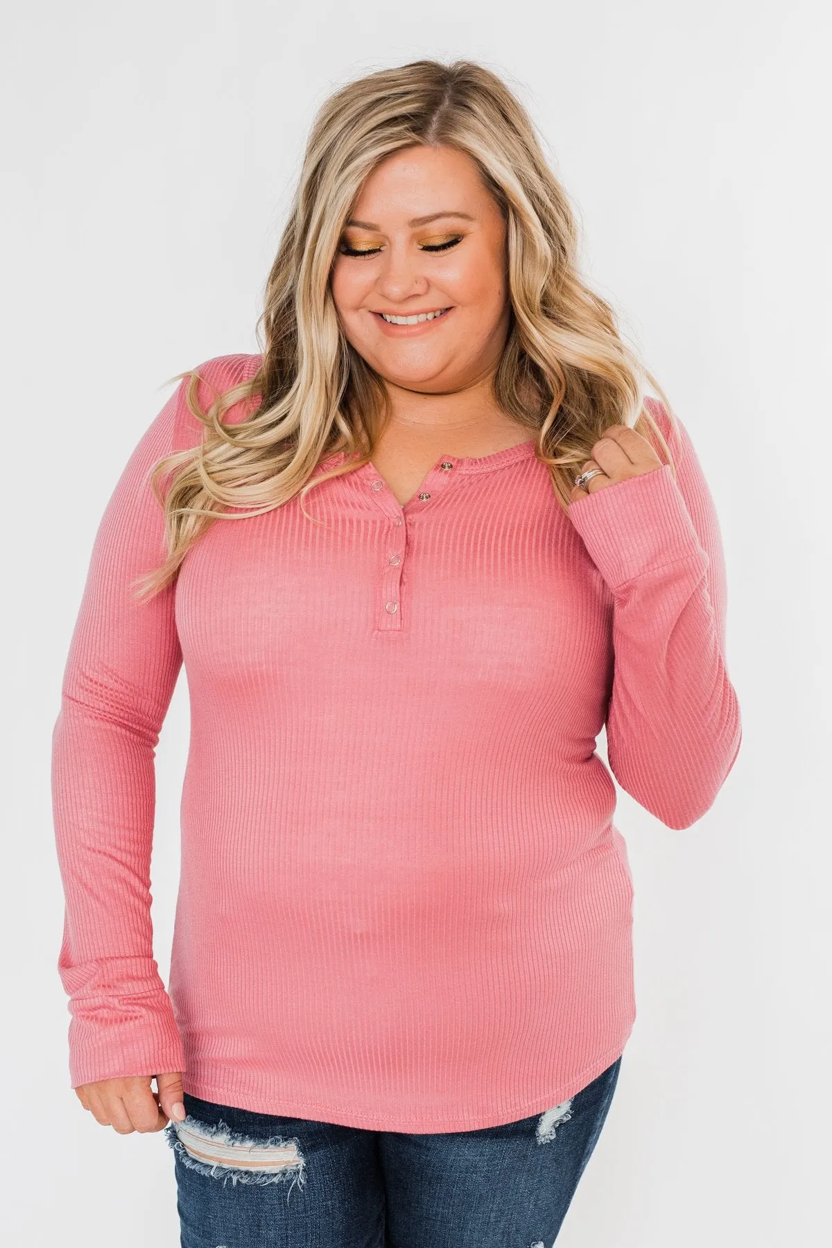 Snap Button Henley Top- Rose Pink
