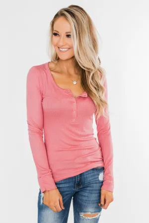 Snap Button Henley Top- Rose Pink