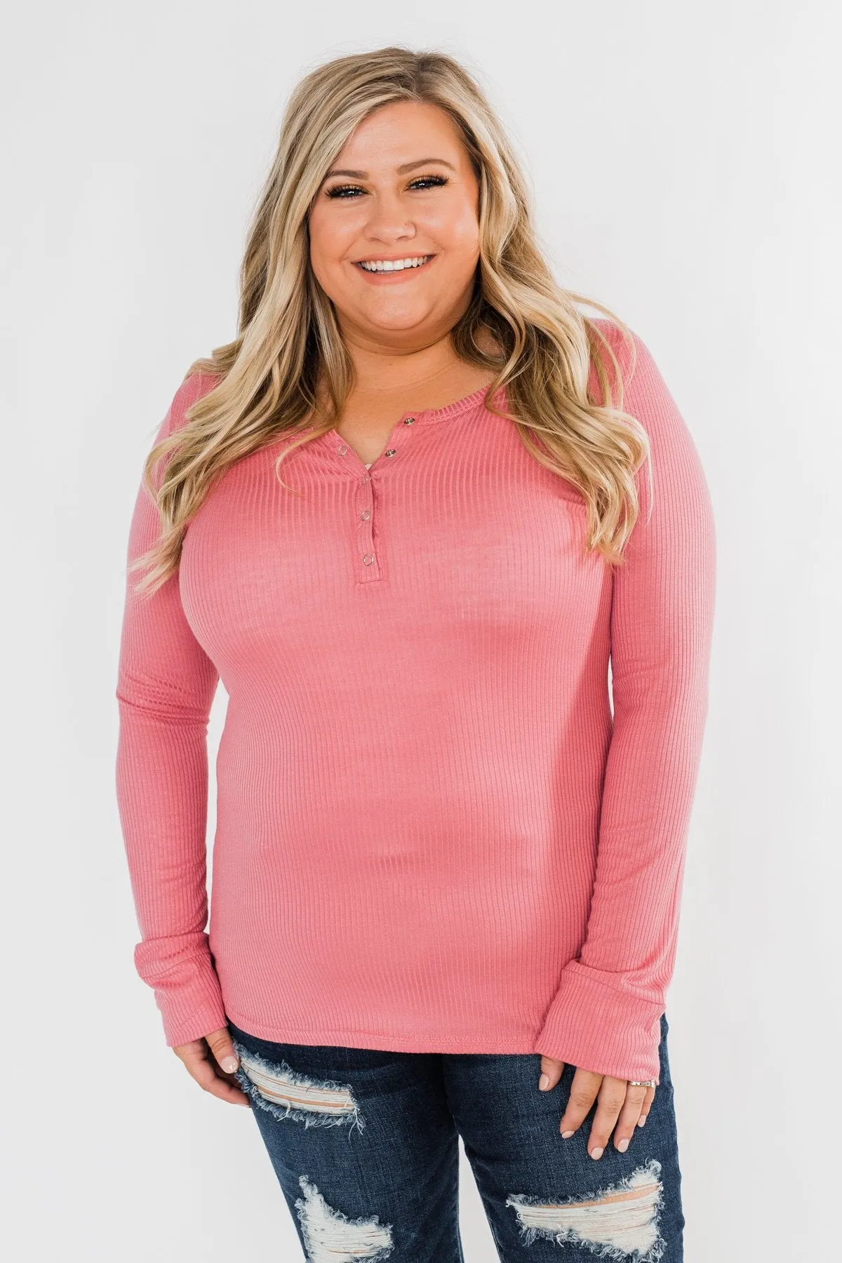 Snap Button Henley Top- Rose Pink