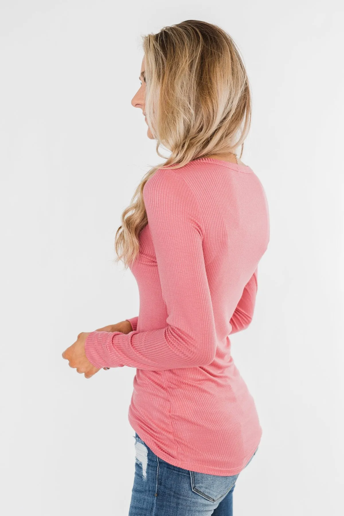 Snap Button Henley Top- Rose Pink