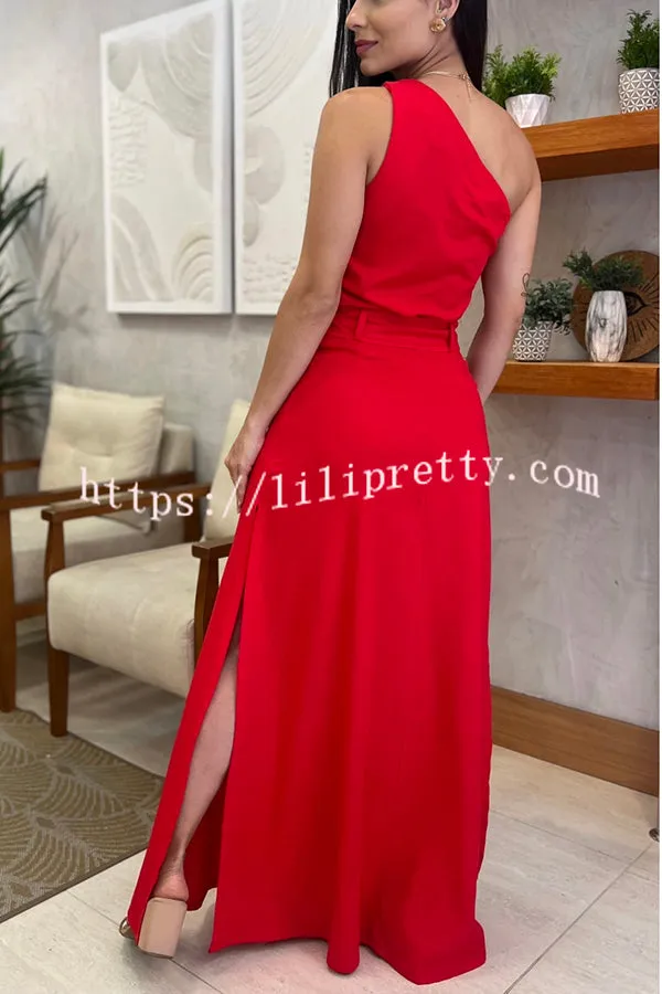 Solid Color One Shoulder Sleeveless Top and High Waisted Slit Tie Up Maxi Skirt Set