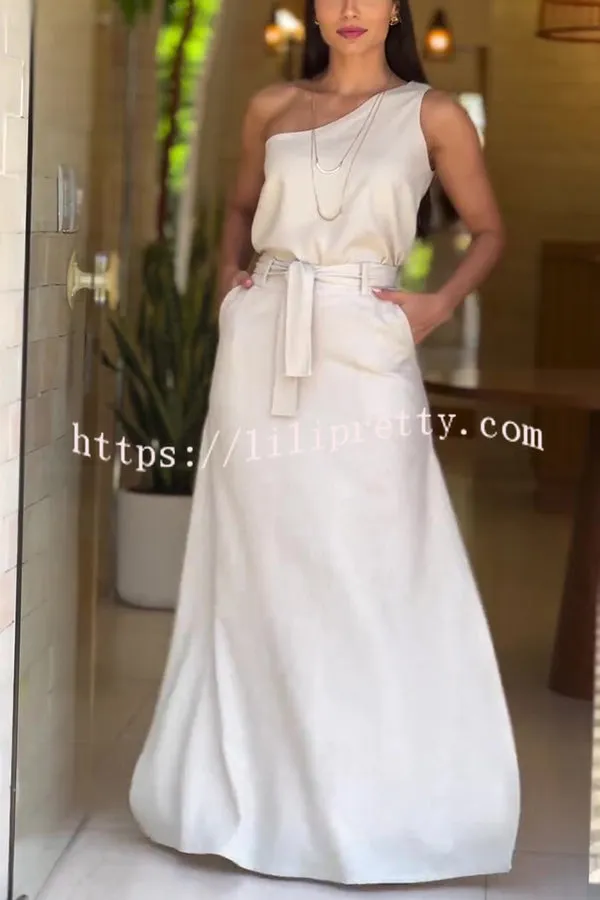 Solid Color One Shoulder Sleeveless Top and High Waisted Slit Tie Up Maxi Skirt Set