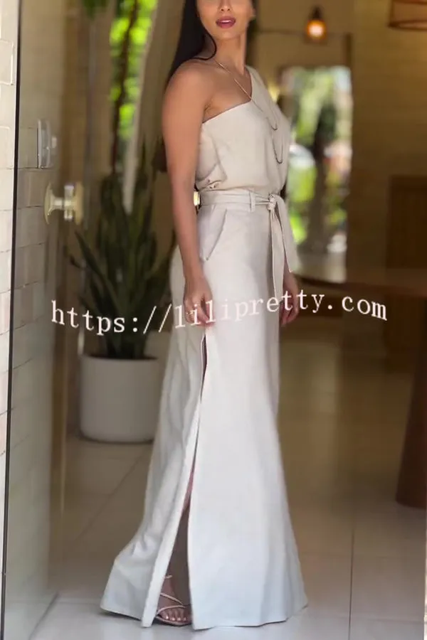 Solid Color One Shoulder Sleeveless Top and High Waisted Slit Tie Up Maxi Skirt Set