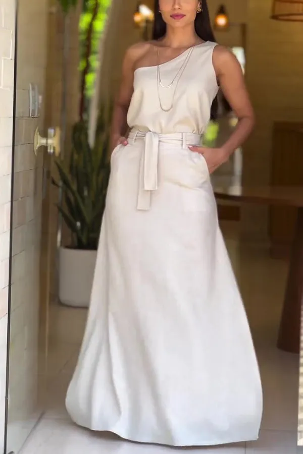 Solid Color One Shoulder Sleeveless Top and High Waisted Slit Tie Up Maxi Skirt Set