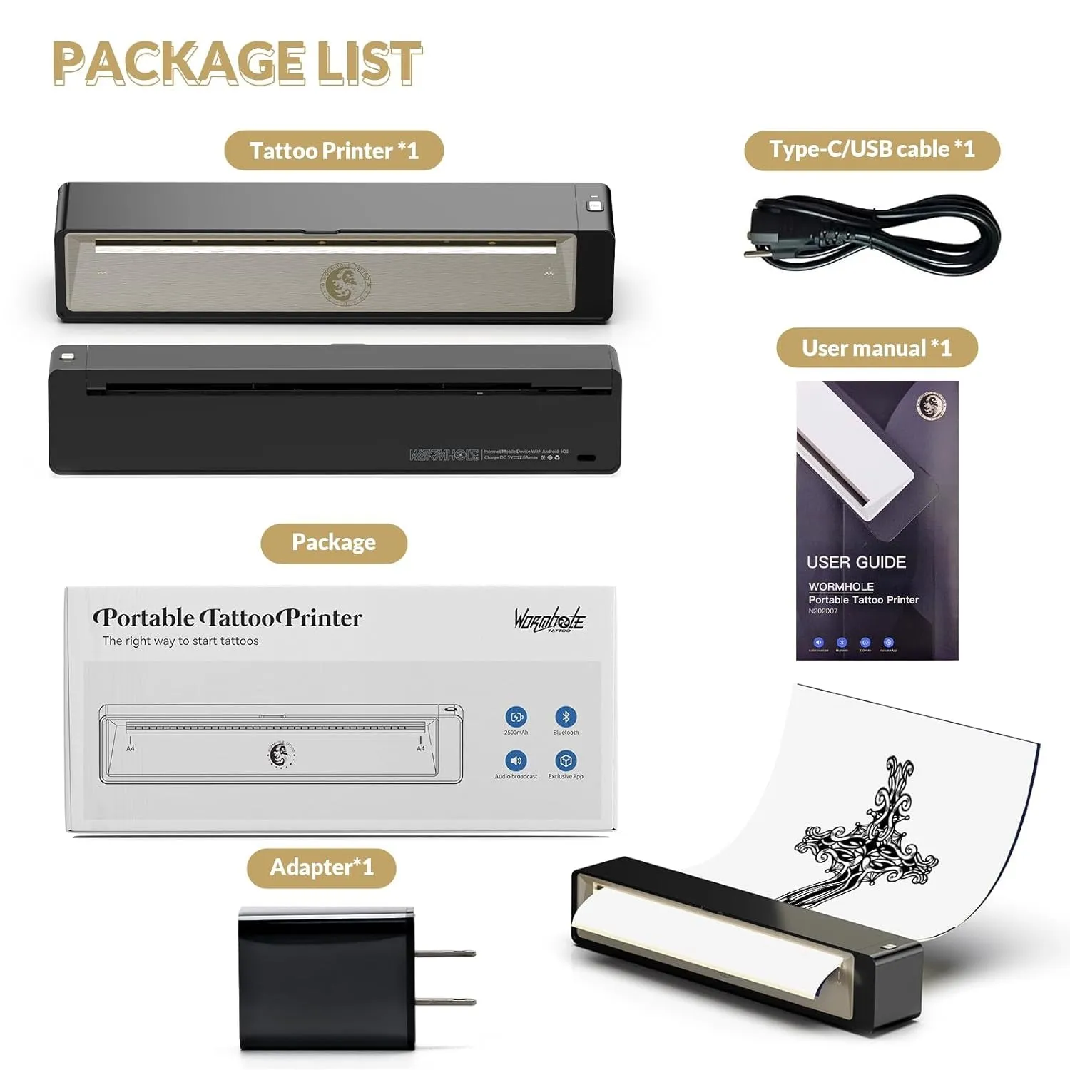 Stencil Printer, Wireless Bluetooth Tattoo Printer with 2500Mah Battery, Portable Tattoo Thermal Copier Machine Compatible with Smartphones & PC N202007