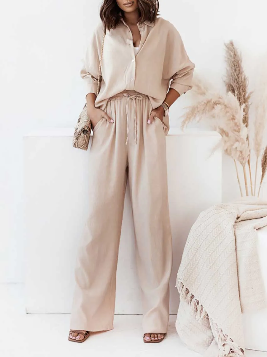 Stunncal Loose Stretch Wrinkle Long Sleeve Shirt Wide Leg Pants Casual Suit