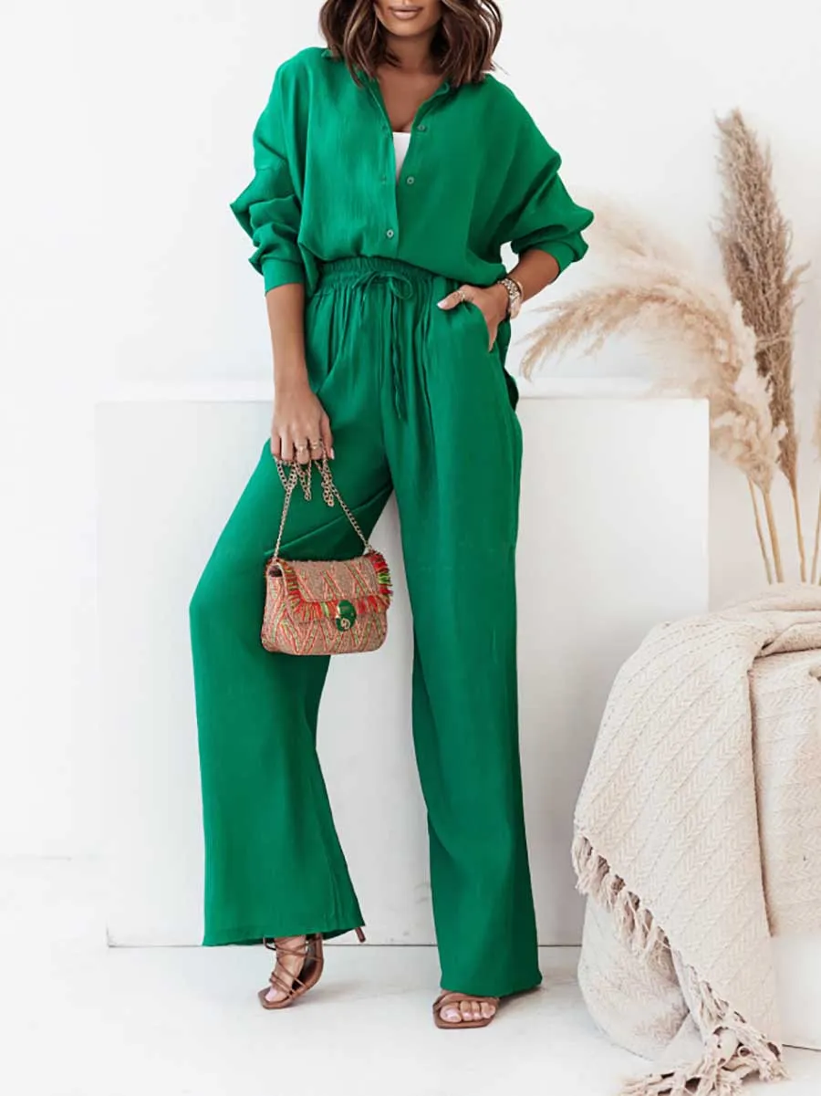 Stunncal Loose Stretch Wrinkle Long Sleeve Shirt Wide Leg Pants Casual Suit