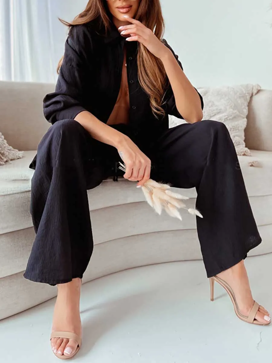 Stunncal Loose Stretch Wrinkle Long Sleeve Shirt Wide Leg Pants Casual Suit