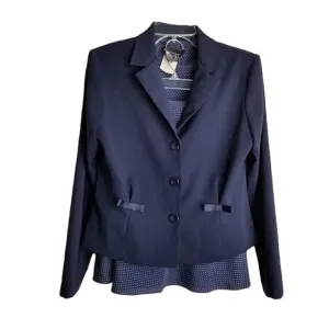 Suits Us Navy Blue Polka Dot Blazer Skirt Suit Set Sz 9/10 Retro Preppy Classic