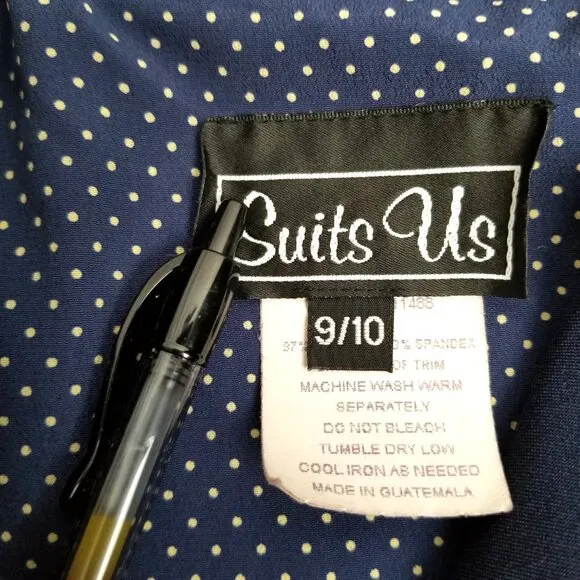 Suits Us Navy Blue Polka Dot Blazer Skirt Suit Set Sz 9/10 Retro Preppy Classic
