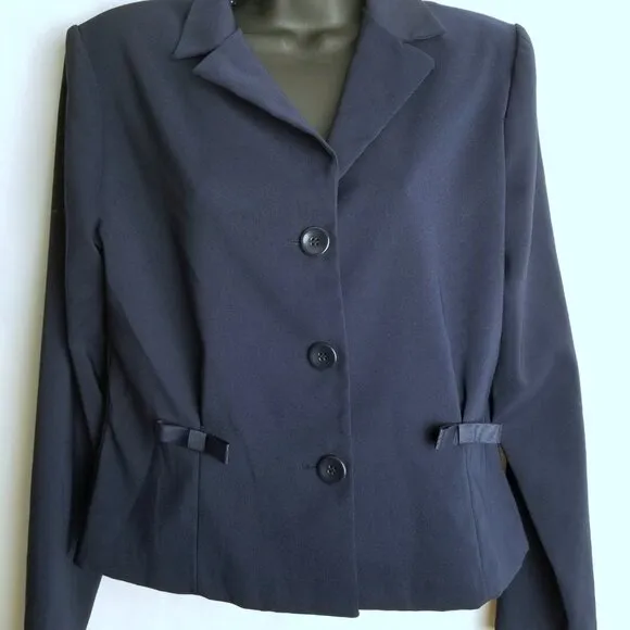 Suits Us Navy Blue Polka Dot Blazer Skirt Suit Set Sz 9/10 Retro Preppy Classic