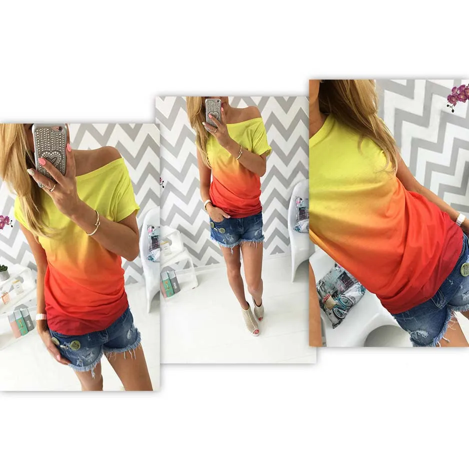 summer women t shirt vestidos rainbow gradual change print tops casual female