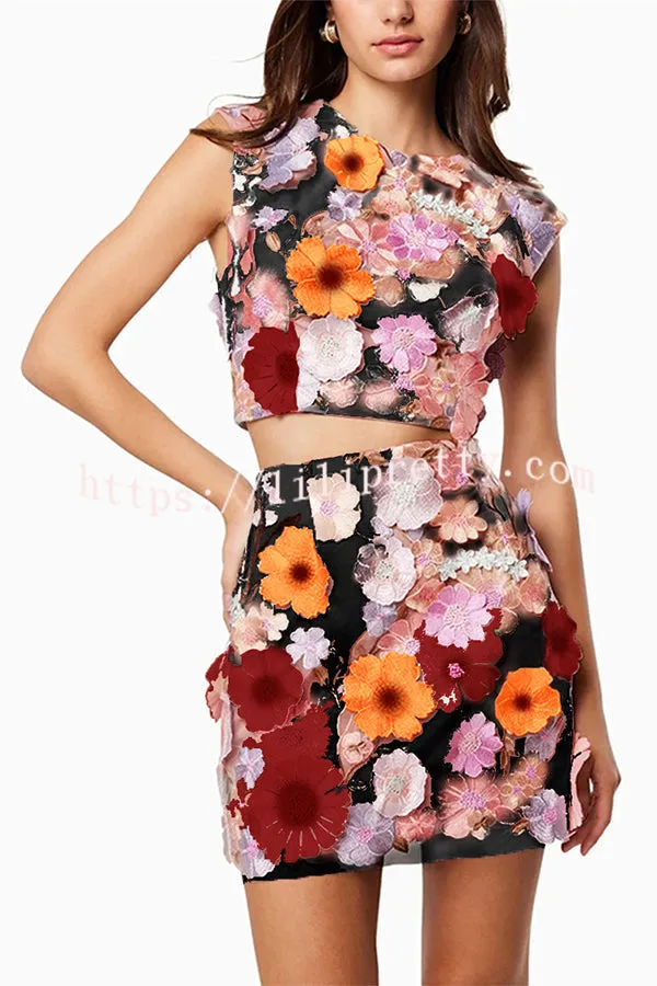 Sunday Charm Embroidered Floral Applique Crop Top and High Rise Mini Skirt Set