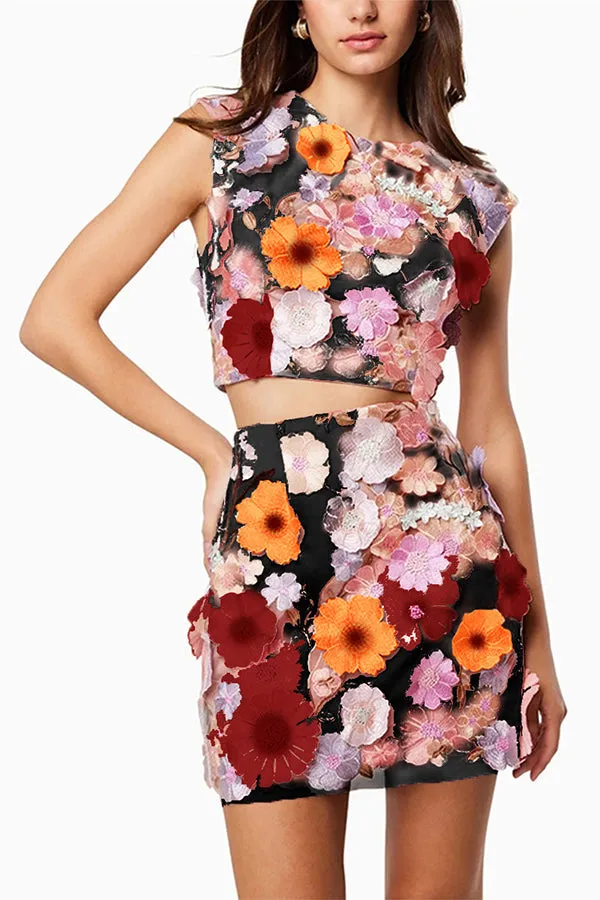 Sunday Charm Embroidered Floral Applique Crop Top and High Rise Mini Skirt Set