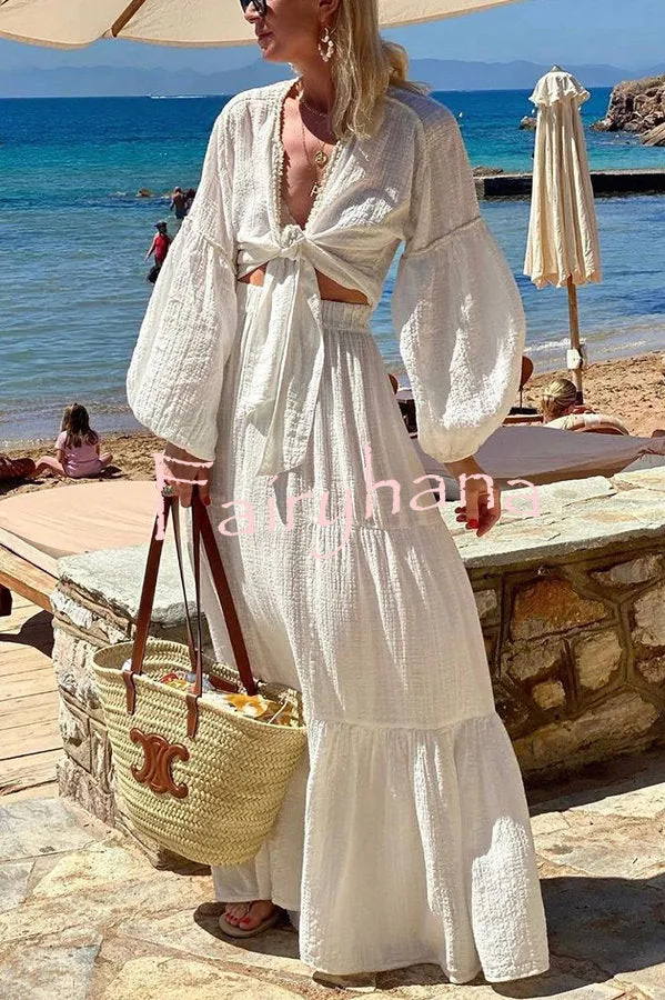 Sunseeker Front Tie Blouse and Elastic Waist Tiered Maxi Skirt Set