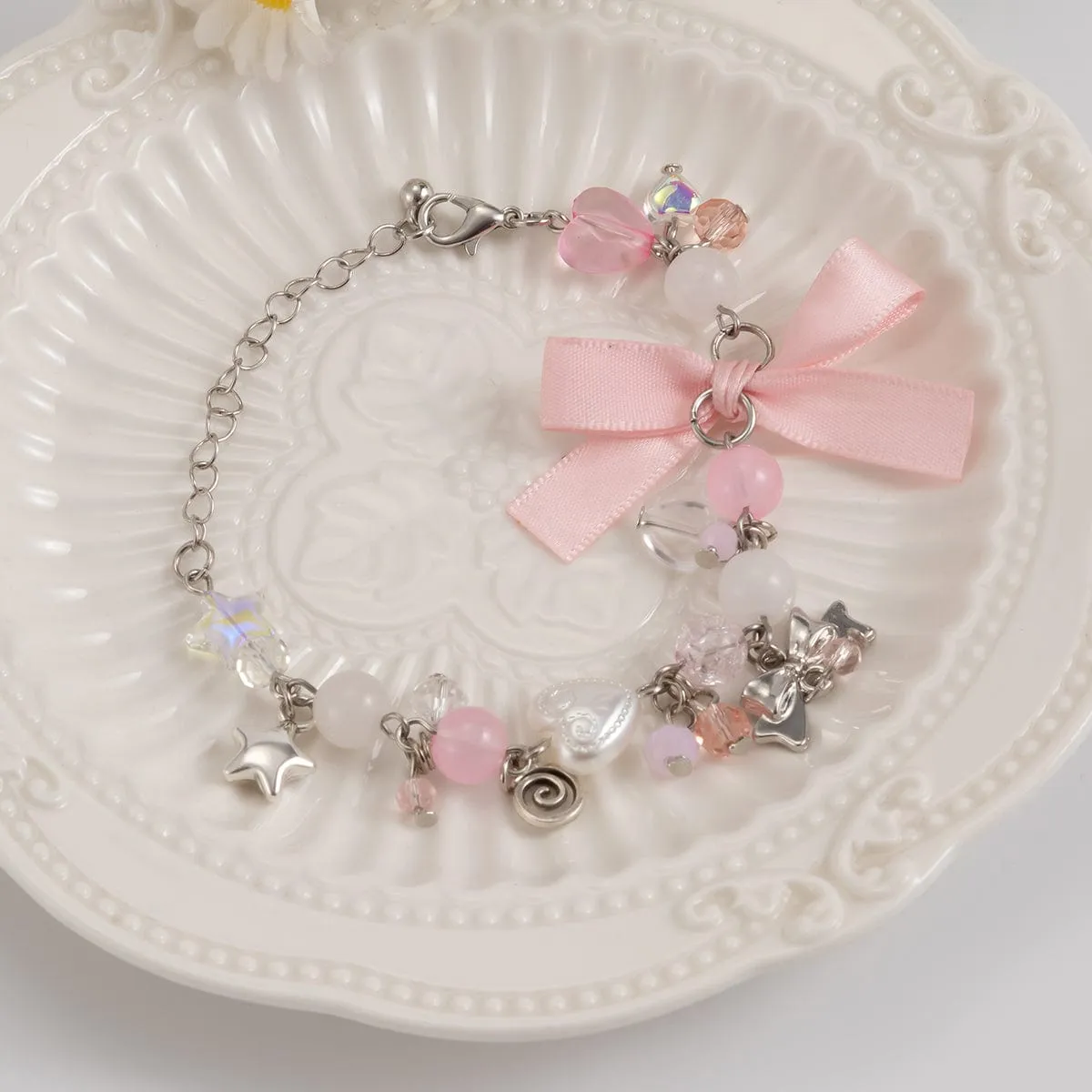 Sweet Ribbon Bowknot Star Charm Crystal Chain Bracelet