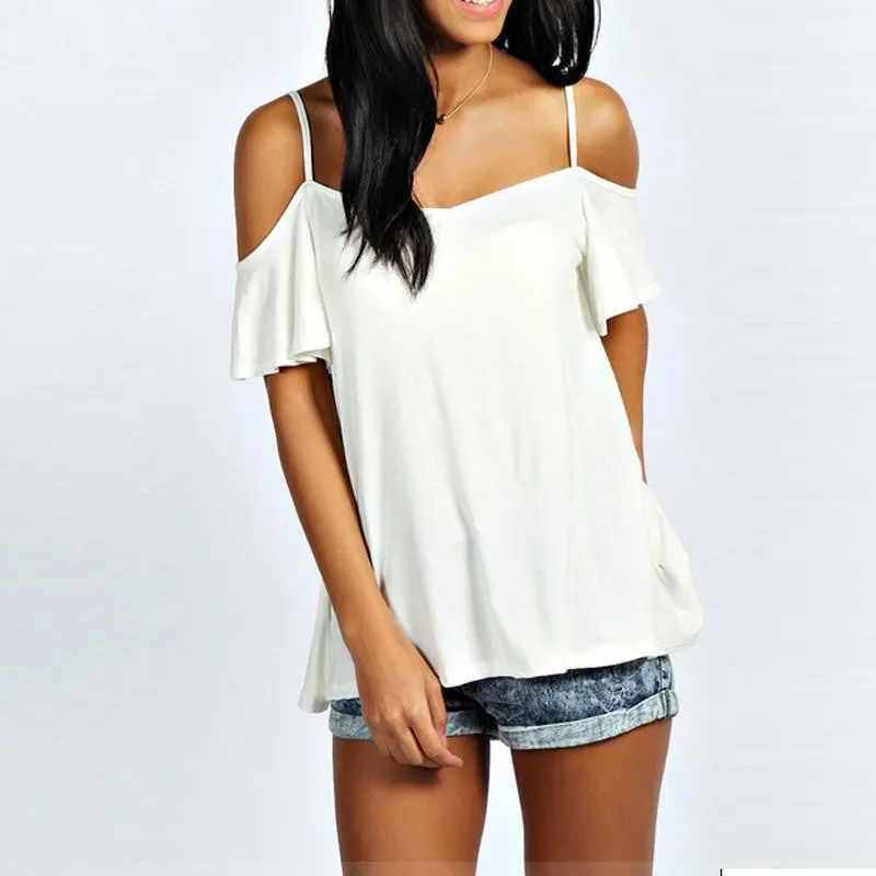 T Shirt Women Casual Slash Neck Off Shoulder T-Shirt Short Sleeve Solid Stretch Tops