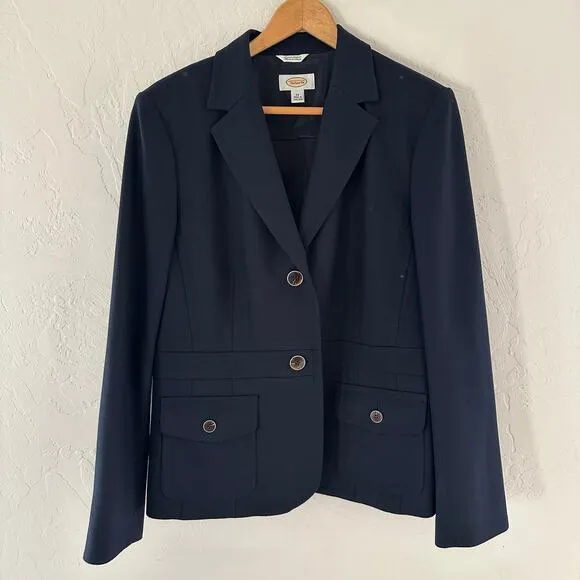 TALBOTS Womens Classic Italian Wool Blazer Size 14 Navy Fitted Stretch Corpcore