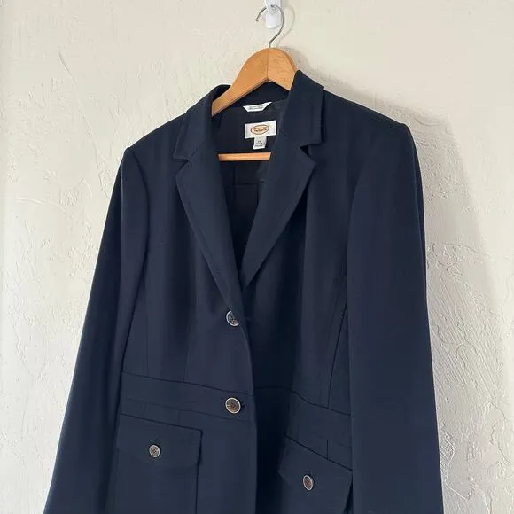 TALBOTS Womens Classic Italian Wool Blazer Size 14 Navy Fitted Stretch Corpcore