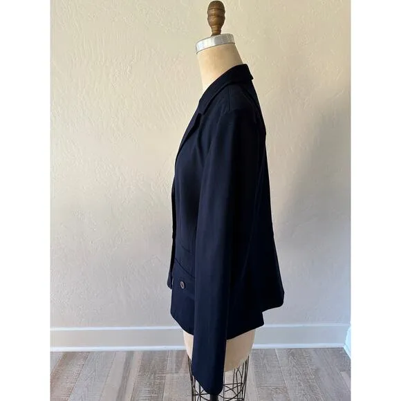 TALBOTS Womens Classic Italian Wool Blazer Size 14 Navy Fitted Stretch Corpcore