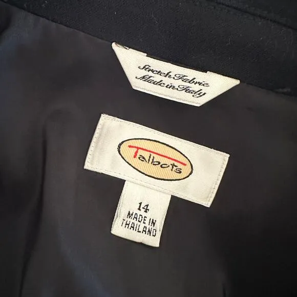 TALBOTS Womens Classic Italian Wool Blazer Size 14 Navy Fitted Stretch Corpcore