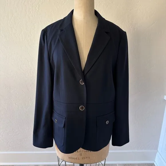 TALBOTS Womens Classic Italian Wool Blazer Size 14 Navy Fitted Stretch Corpcore