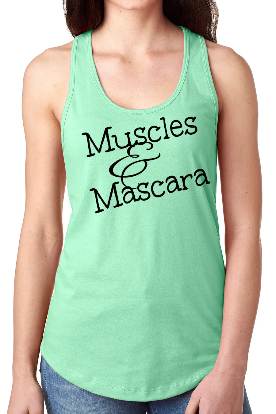Think Out Loud Apparel Muscles and Mascara Funny Fitness racer back Gym Humor Tank Top