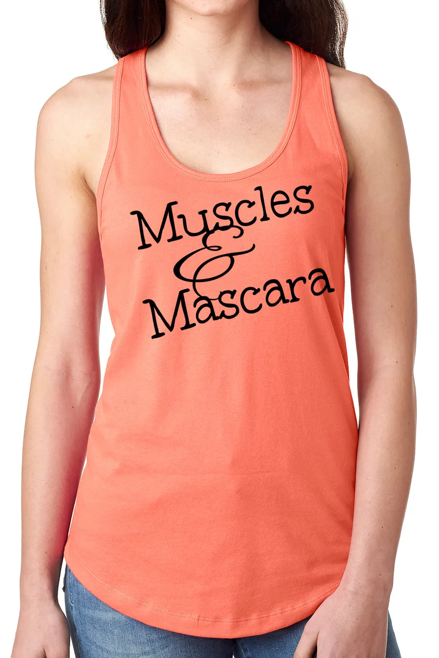 Think Out Loud Apparel Muscles and Mascara Funny Fitness racer back Gym Humor Tank Top