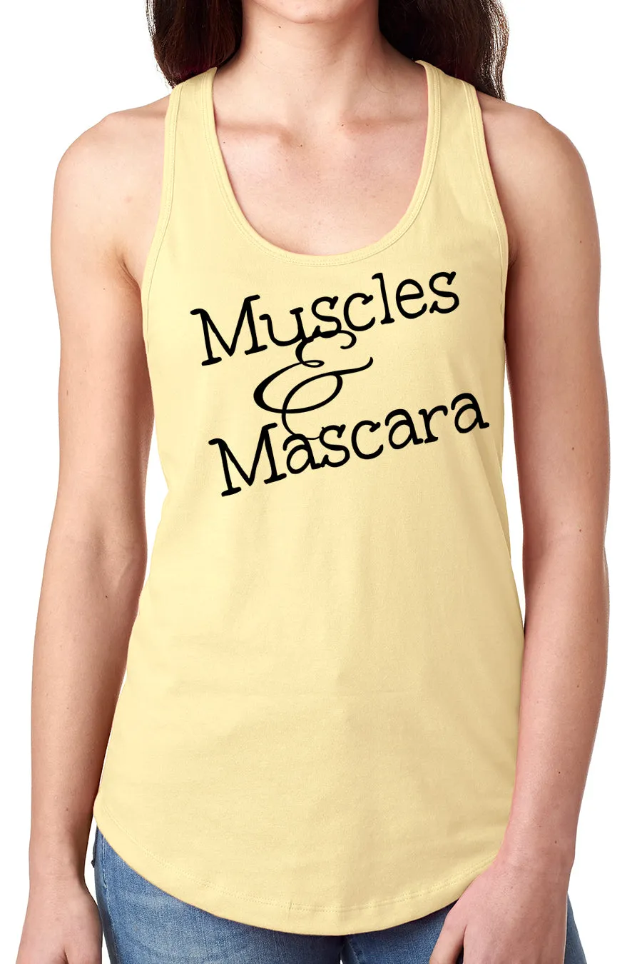 Think Out Loud Apparel Muscles and Mascara Funny Fitness racer back Gym Humor Tank Top