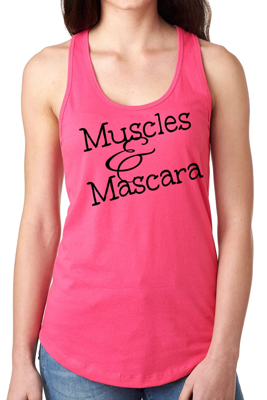 Think Out Loud Apparel Muscles and Mascara Funny Fitness racer back Gym Humor Tank Top