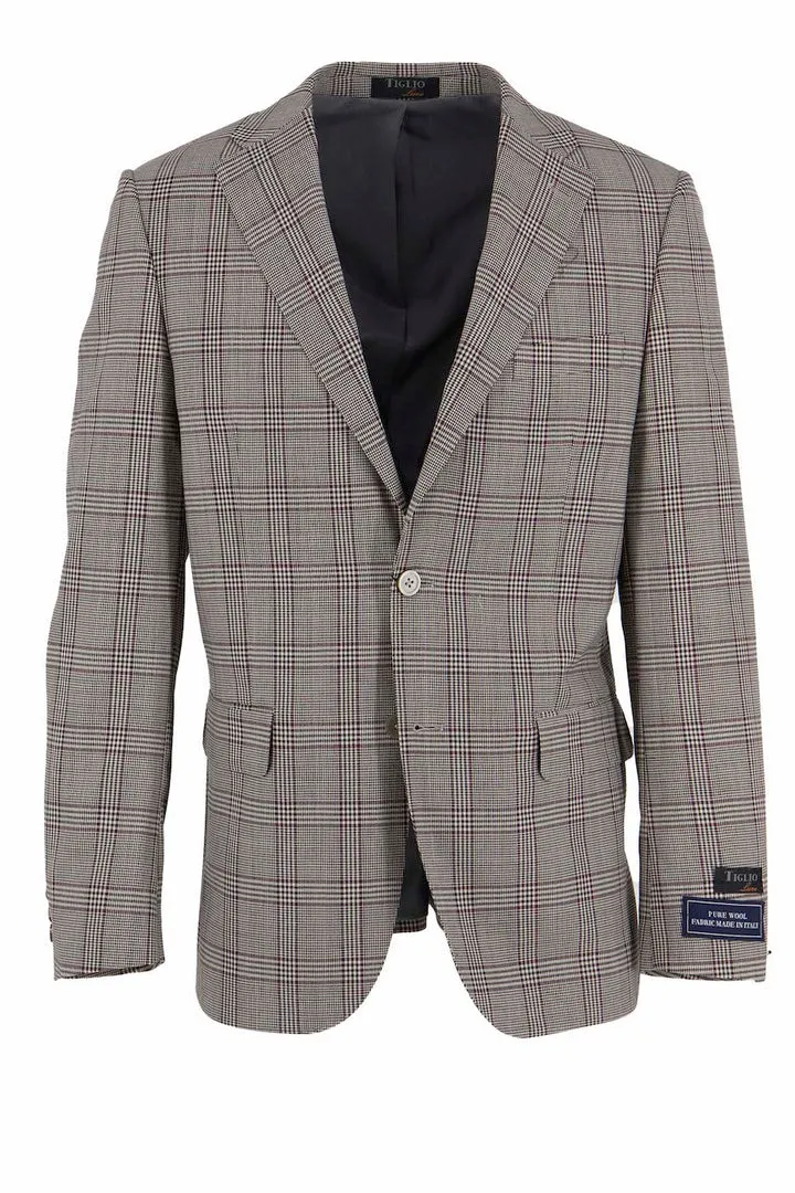 Tiglio Luxe Taupe with Burgundy Windowpane Dolcetto Modern Fit, Pure Wool Jacket TL3331