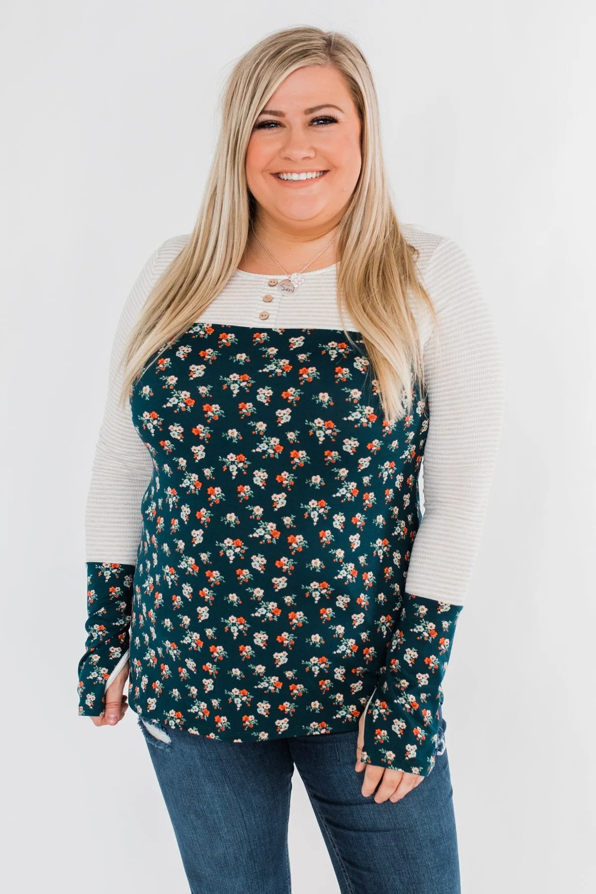 Time Of Your Life Floral & Striped Top- Dark Teal & Oatmeal