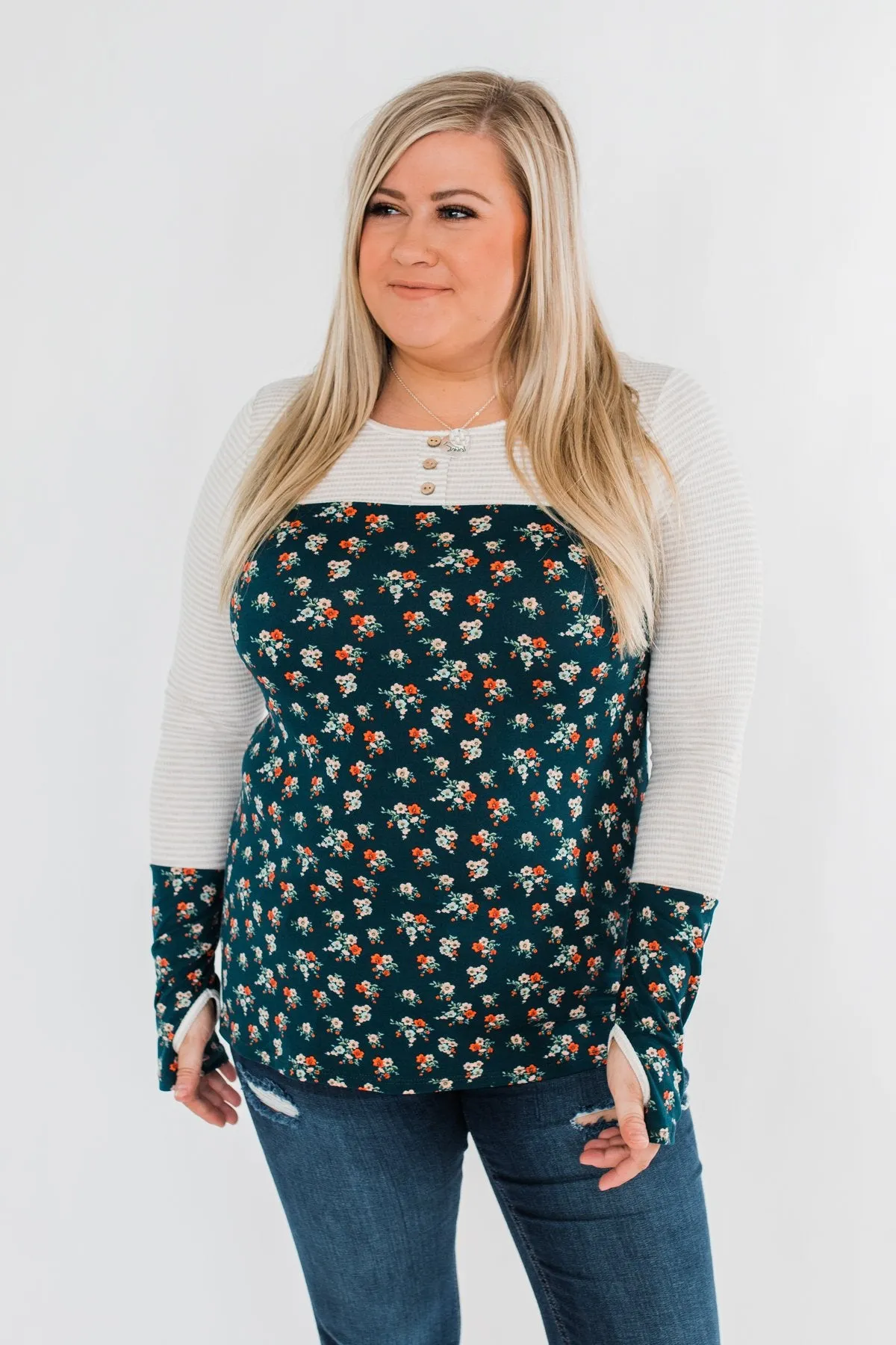 Time Of Your Life Floral & Striped Top- Dark Teal & Oatmeal