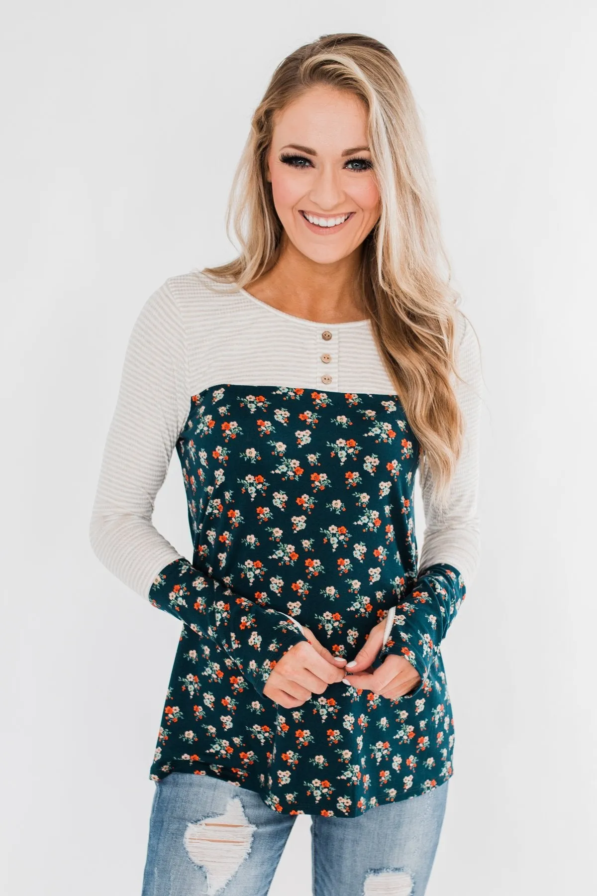 Time Of Your Life Floral & Striped Top- Dark Teal & Oatmeal