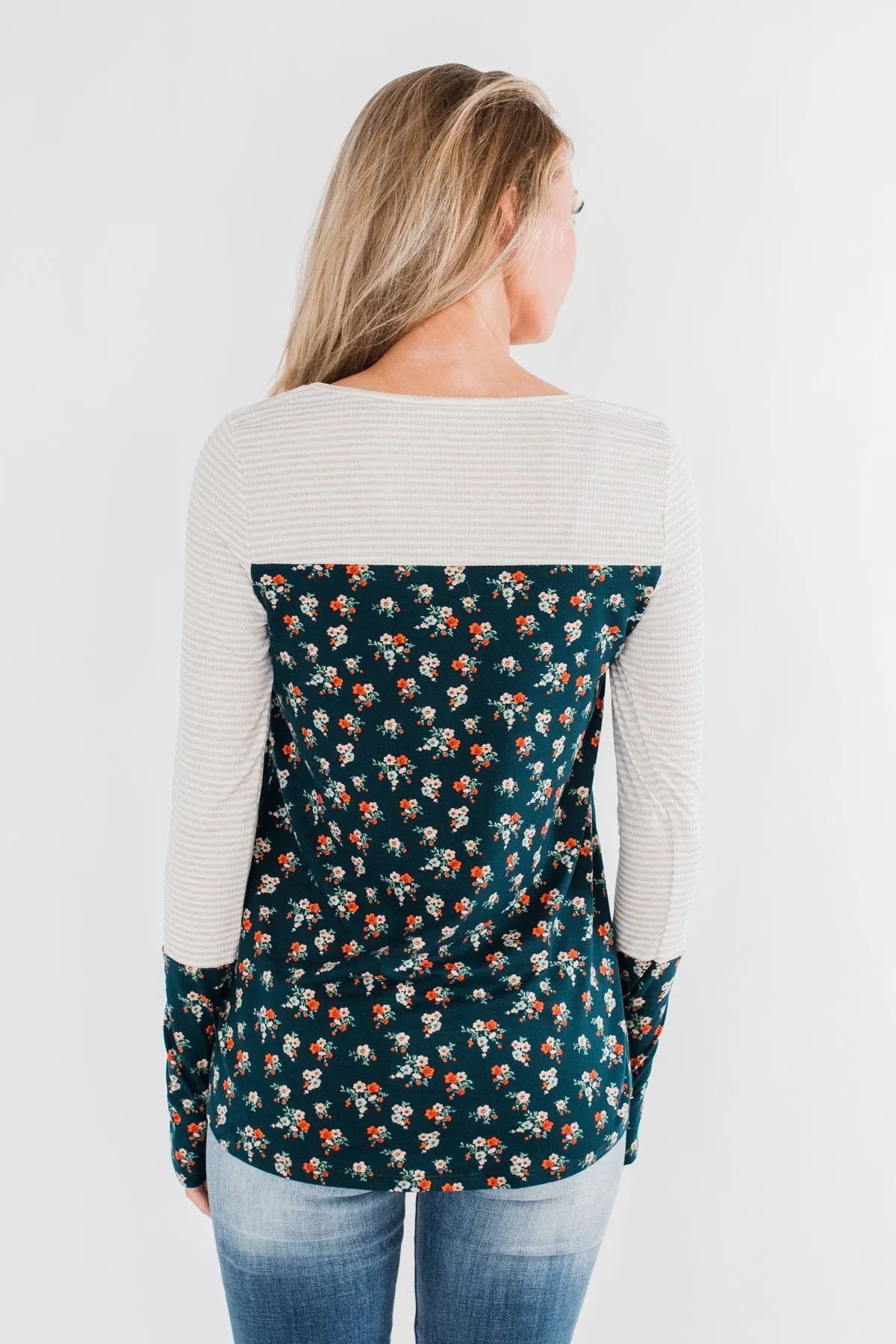 Time Of Your Life Floral & Striped Top- Dark Teal & Oatmeal