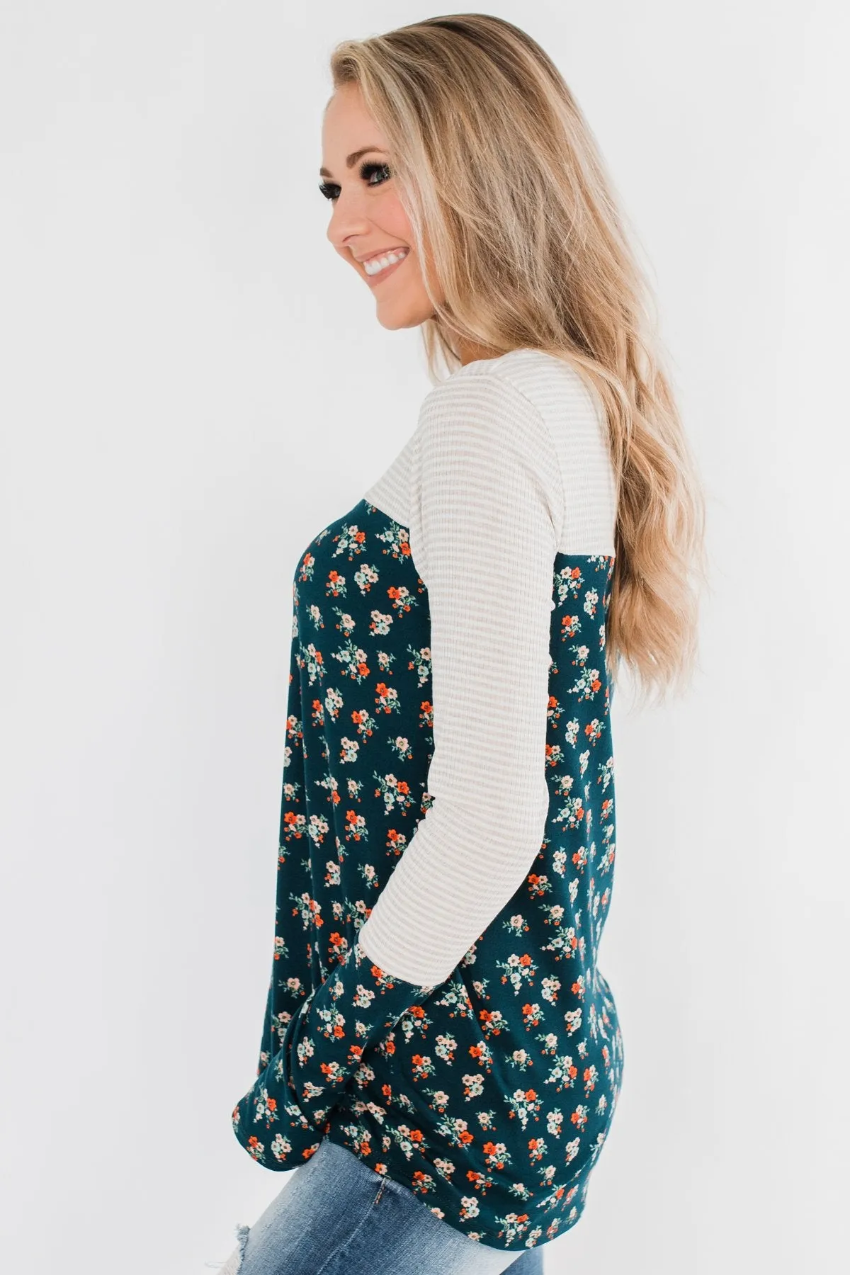 Time Of Your Life Floral & Striped Top- Dark Teal & Oatmeal