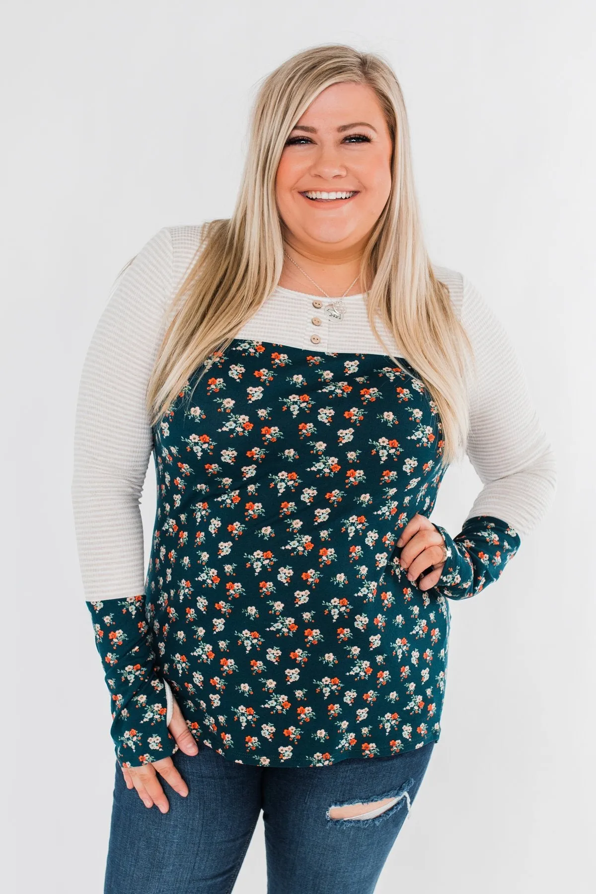 Time Of Your Life Floral & Striped Top- Dark Teal & Oatmeal