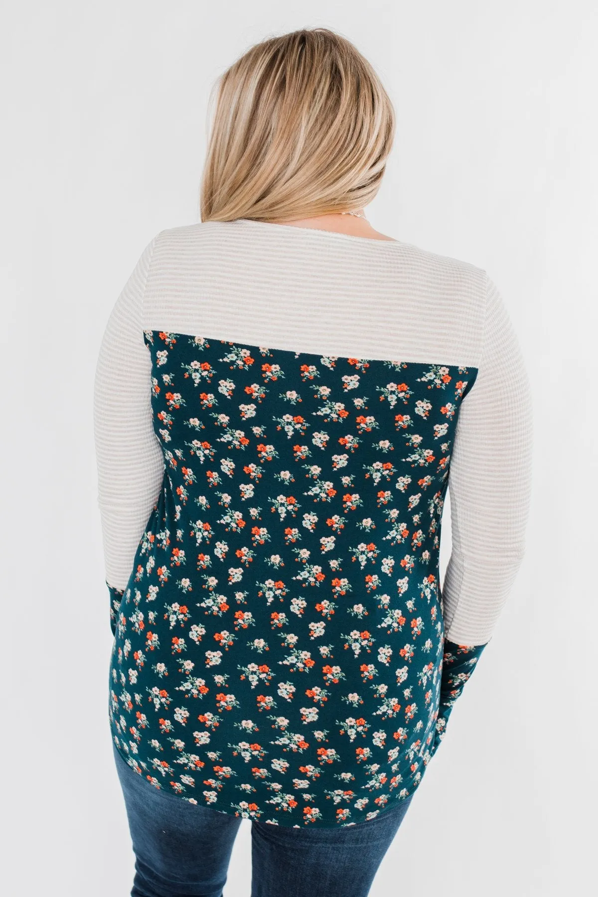 Time Of Your Life Floral & Striped Top- Dark Teal & Oatmeal
