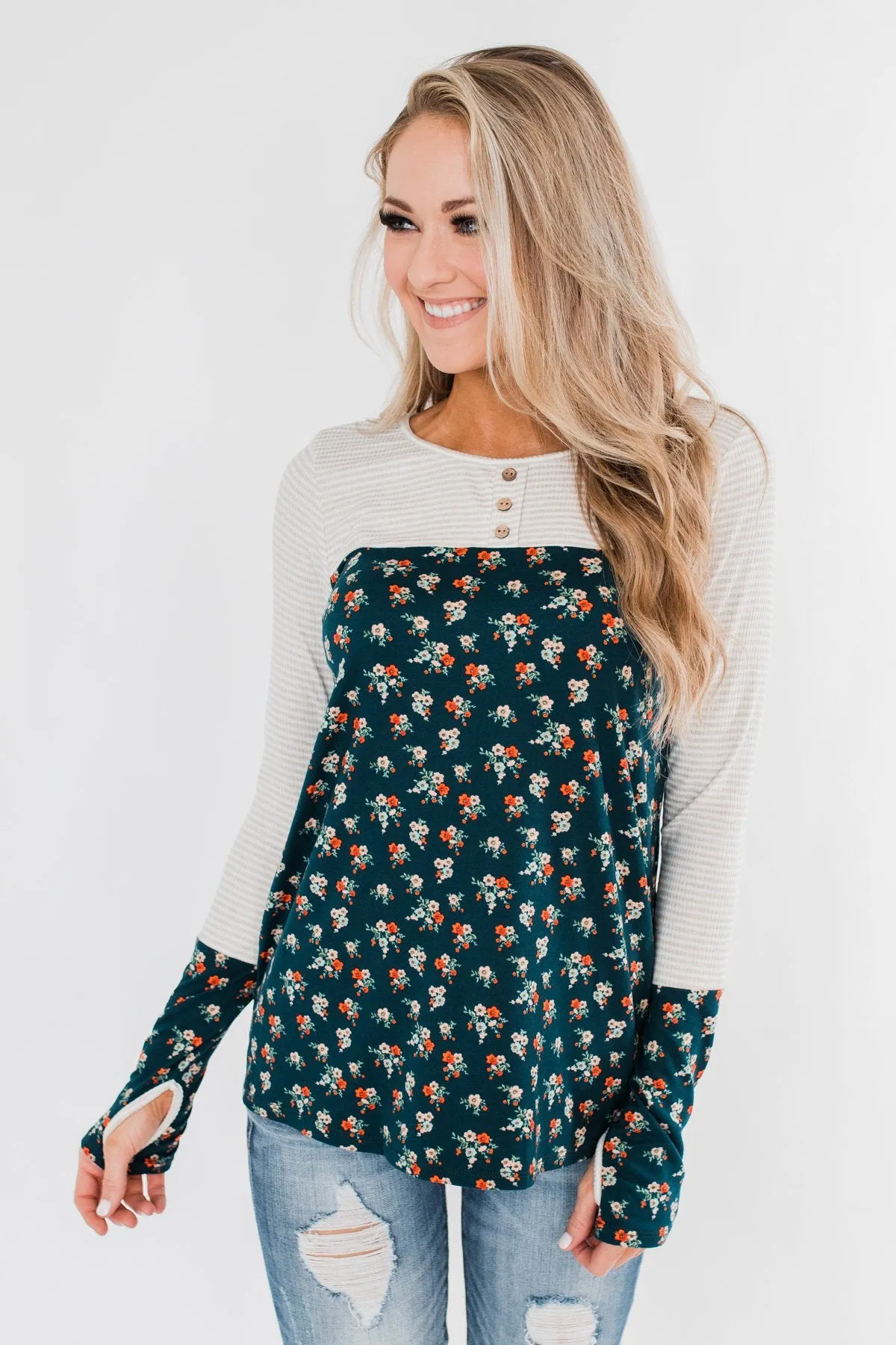 Time Of Your Life Floral & Striped Top- Dark Teal & Oatmeal