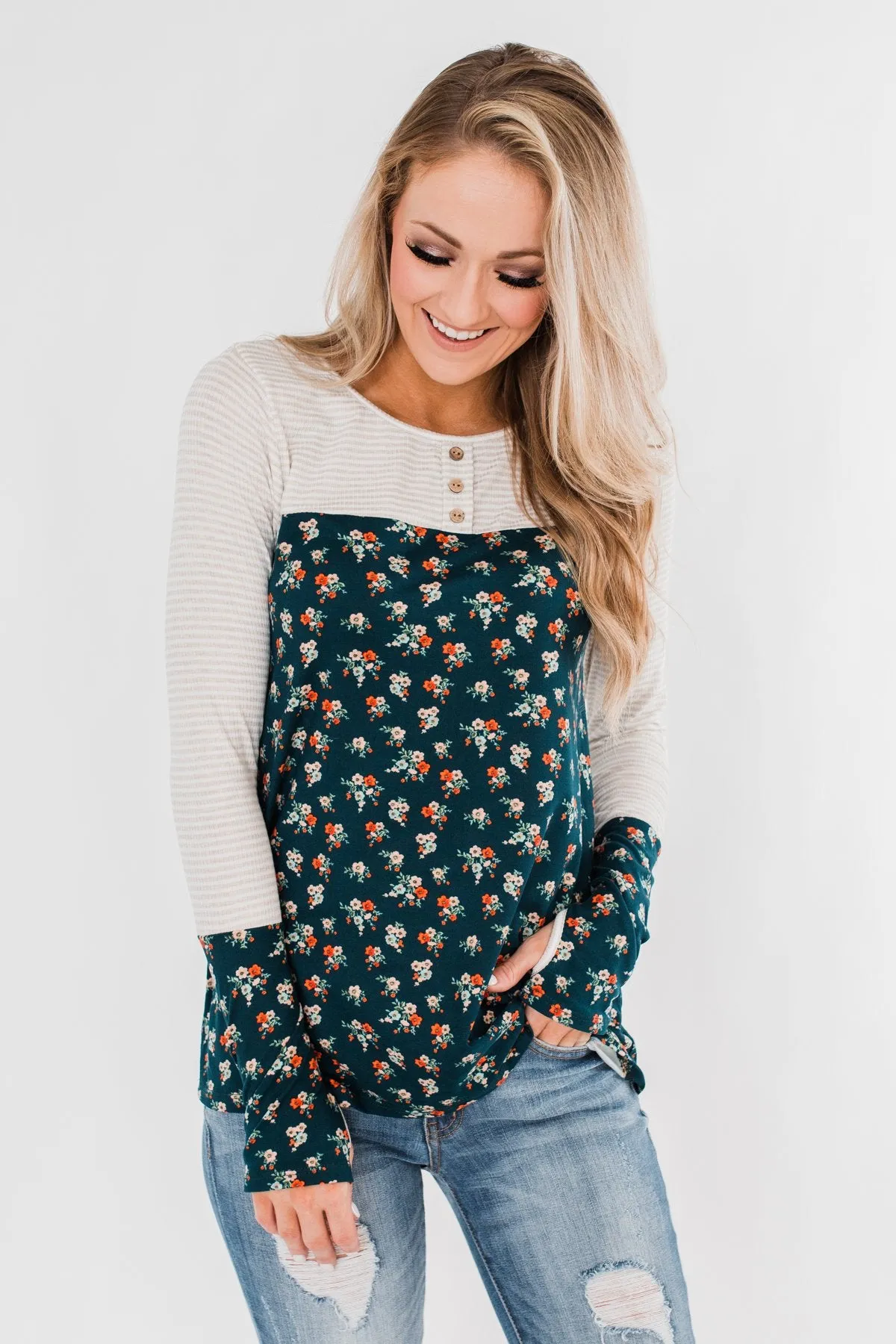 Time Of Your Life Floral & Striped Top- Dark Teal & Oatmeal
