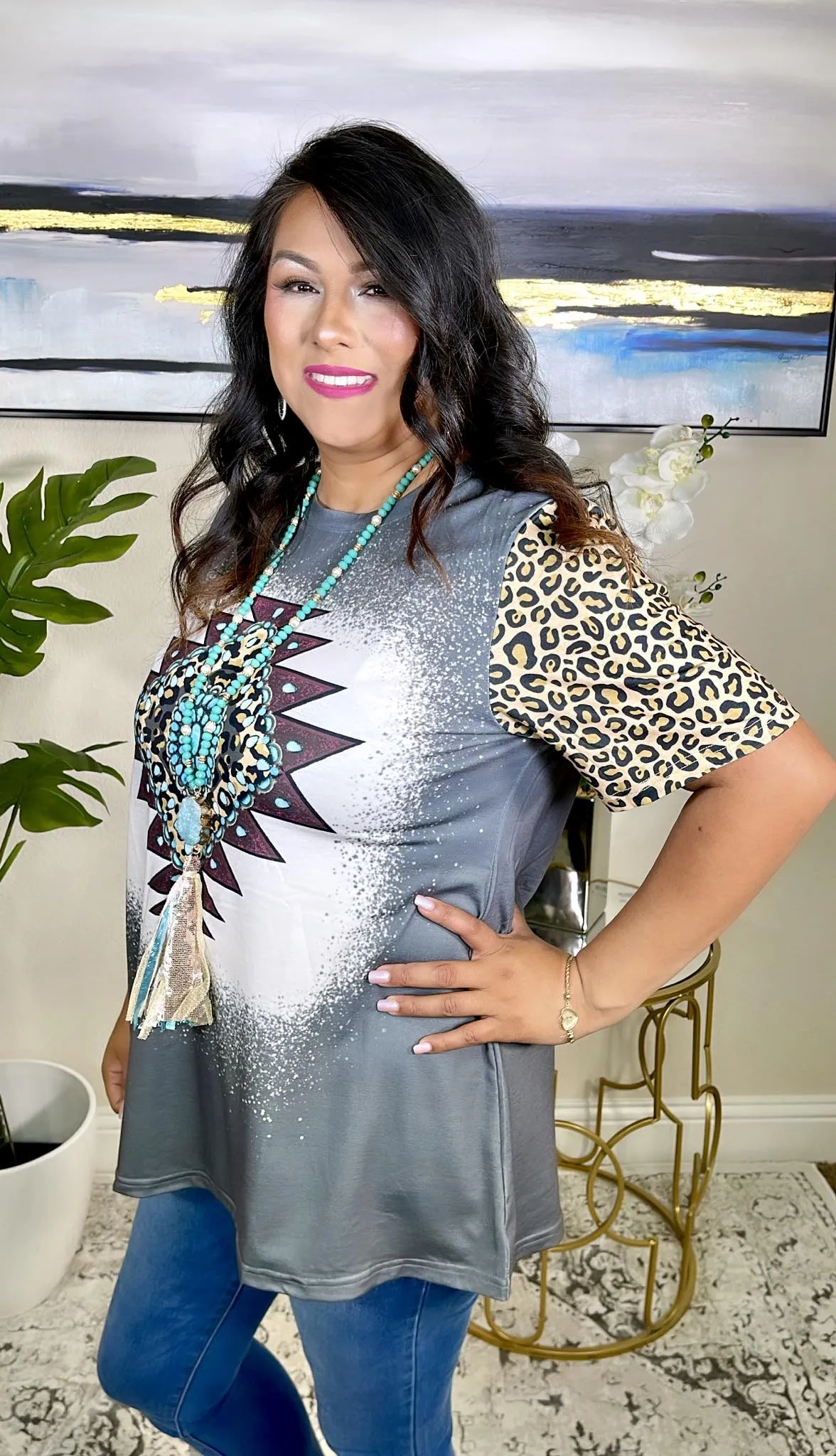 Tribal & TQ Concho Graphic tee with leopard sleeves