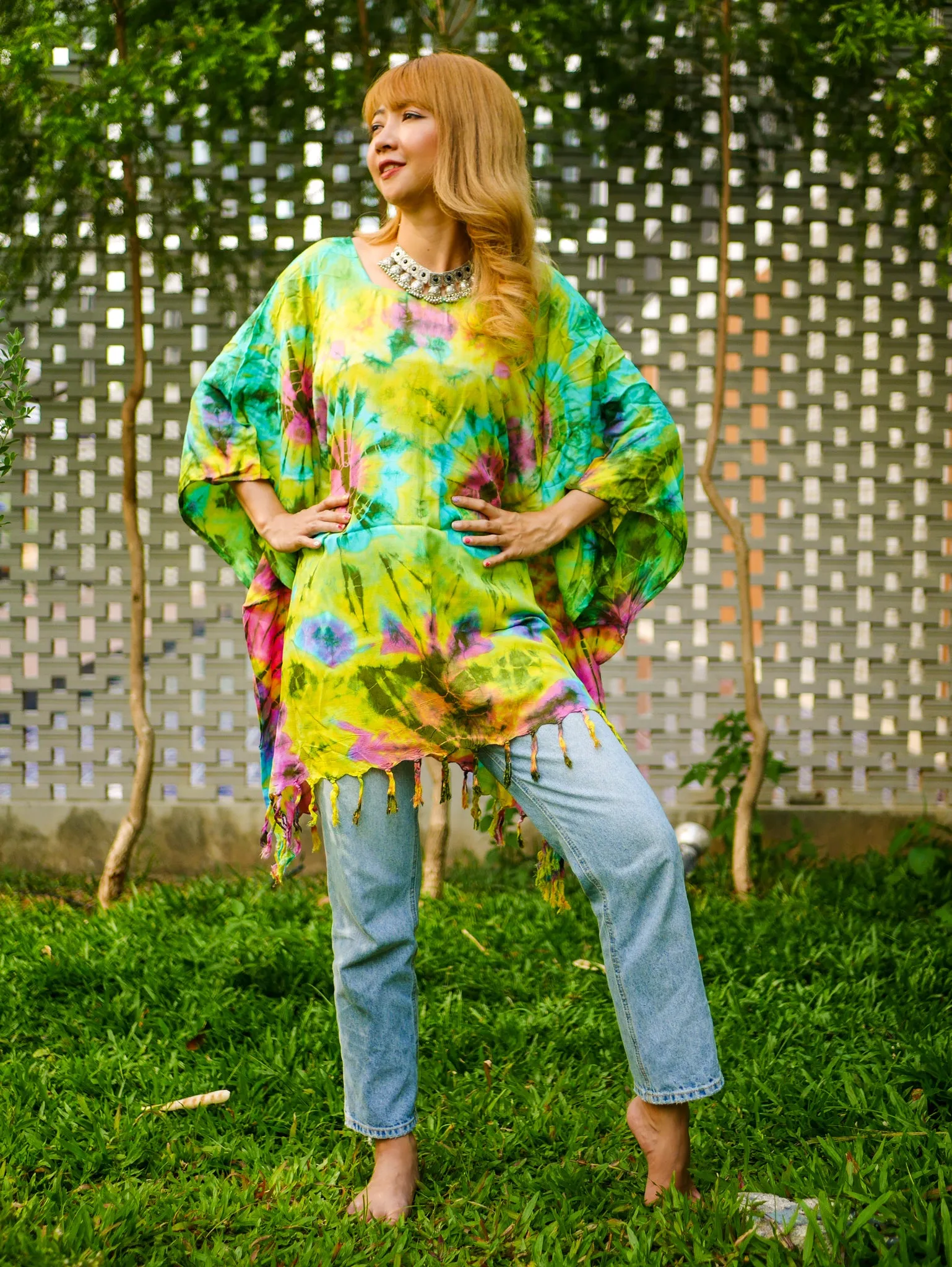Tropical Summer Hand Dyed Tunic Kaftan Blouse Oversize Top