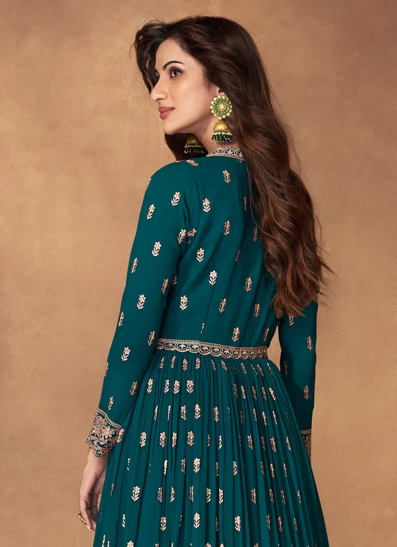 Turquoise Embroidery Slit Style Traditional Anarkali Lehenga Suit